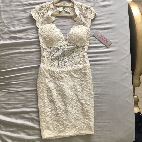 Jovani White/Nude Lace & Crochet Midi Dress 🌼 - Picture 4 of 8